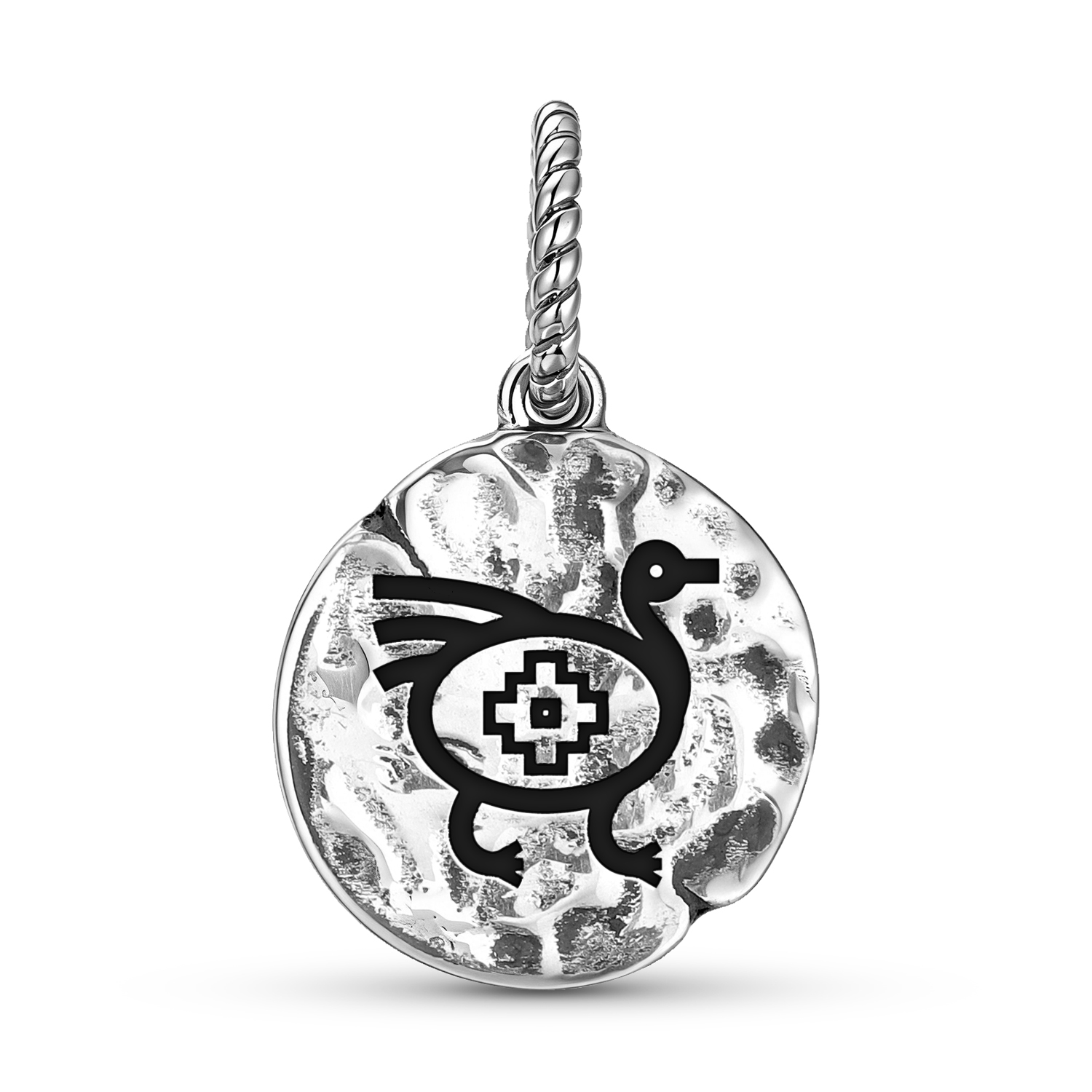 Mapuche Ñandú Symbol 925 Sterling Silver Hand Textured Dangle Charm For Charm Bracelets