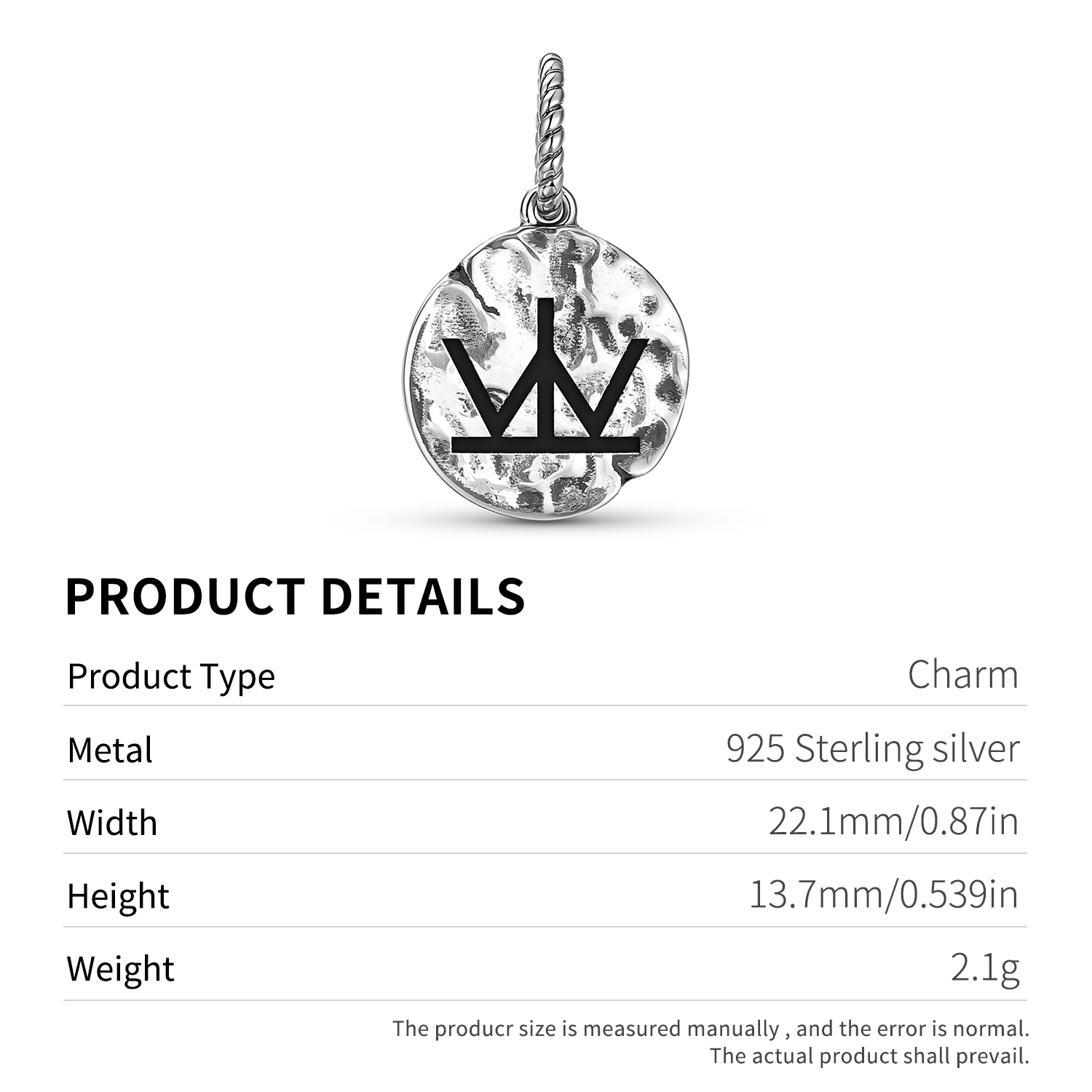 Native Rock Art Leadership Symbol 925 Sterling Silver Hand Textured Dangle Charm For Charm Bracelets