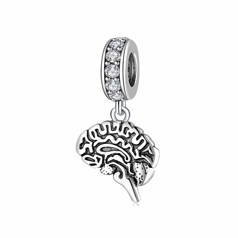 S925 Sterling Silver Brain Dangle Charm Rhinestone Pendant Bead For DIY Bracelet Necklace Jewelry Gift